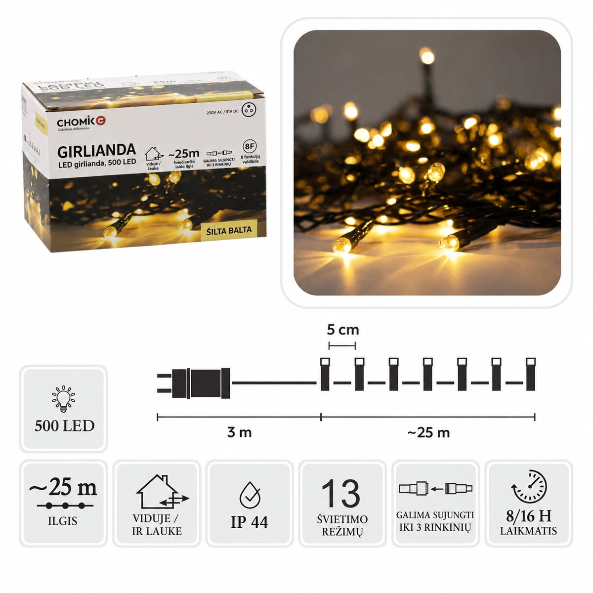LED girlianda, 500 LED, 28 m, šiltai balta