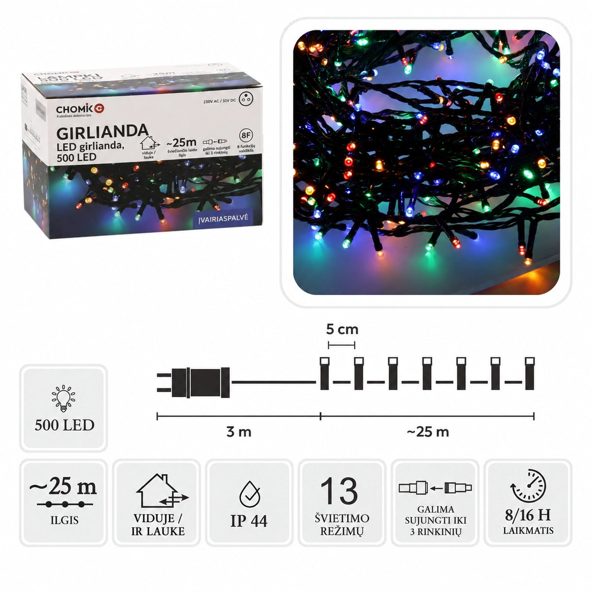 LED girlianda, 500 LED, 28 m, spalvota