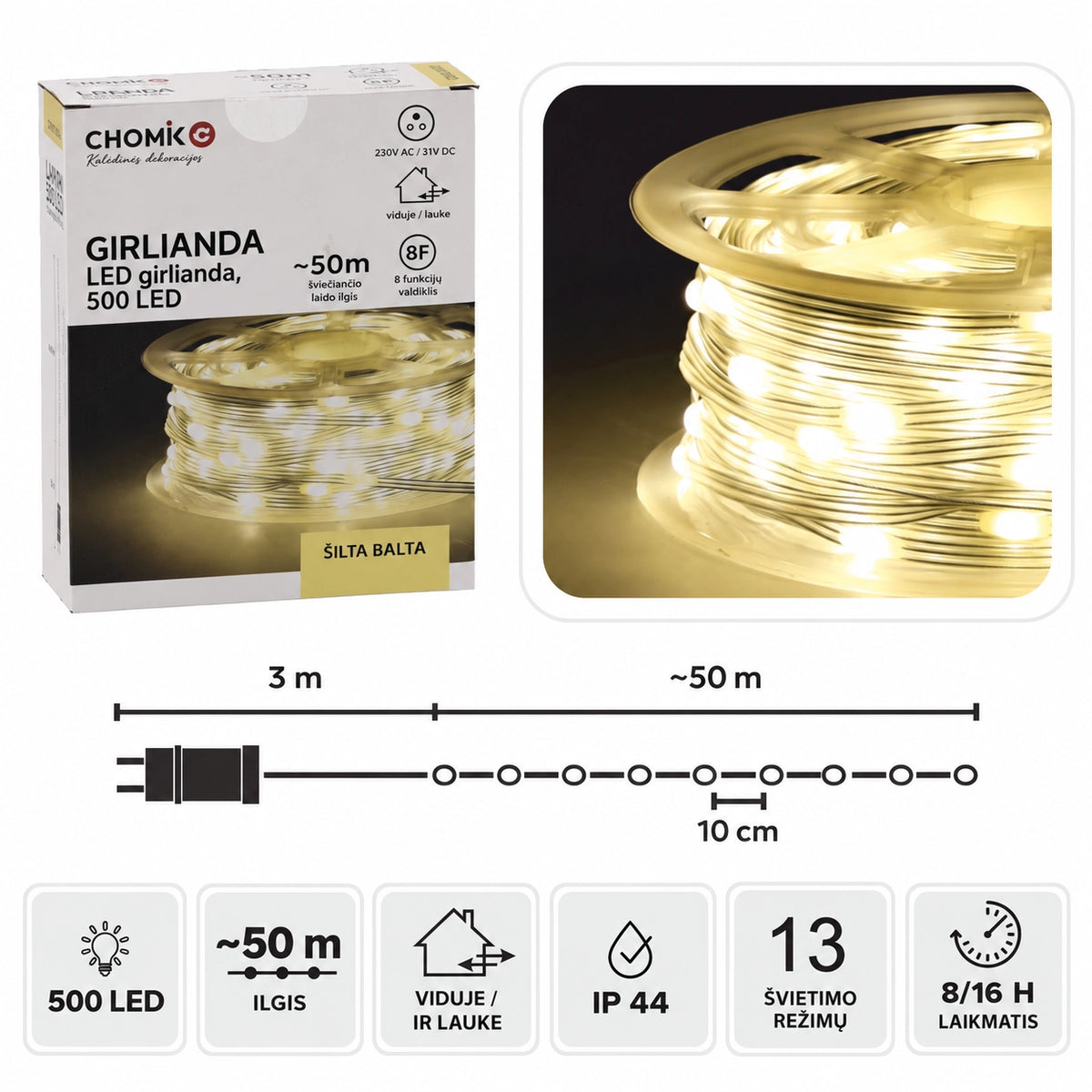 LED girlianda ant ritės, 500 LED, 53 m, šiltai balta
