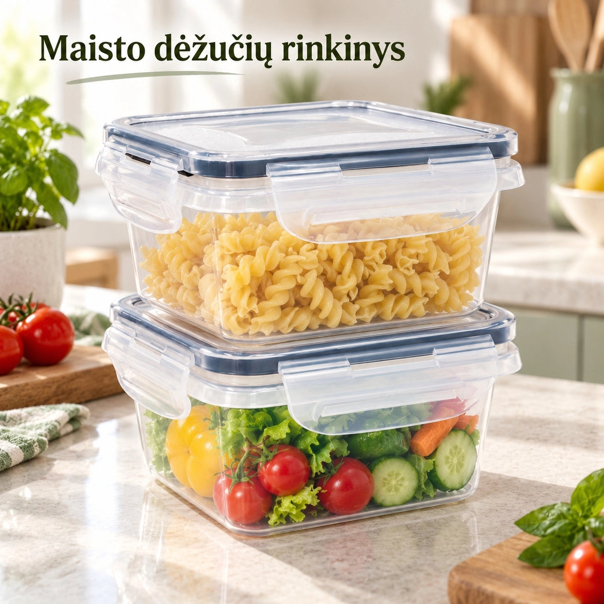 Plastikinių maisto laikymo indų rinkinys su dangčiais (2 vnt.)