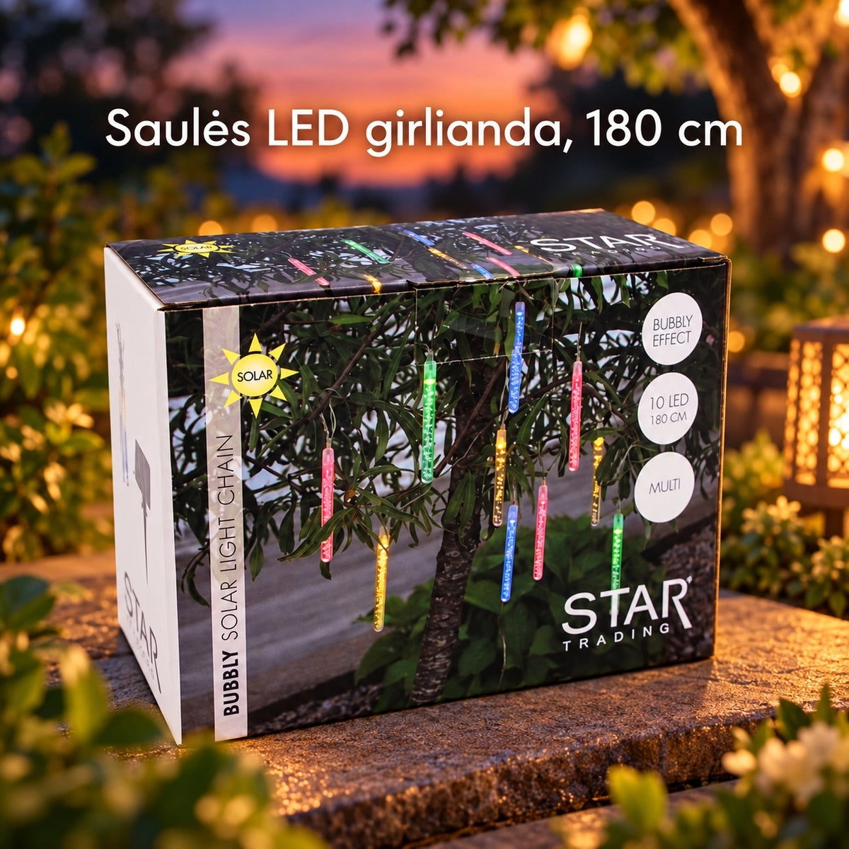 Saulės energijos LED girlianda „bubbly“, 10 LED, 180 cm, įvairiaspalvė