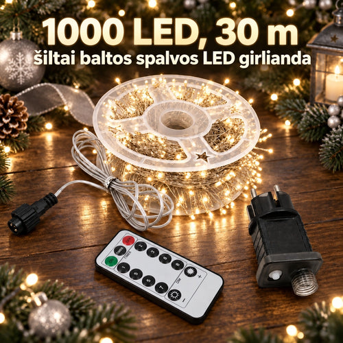 1000 LED, 30 m šiltai balta LED girlianda