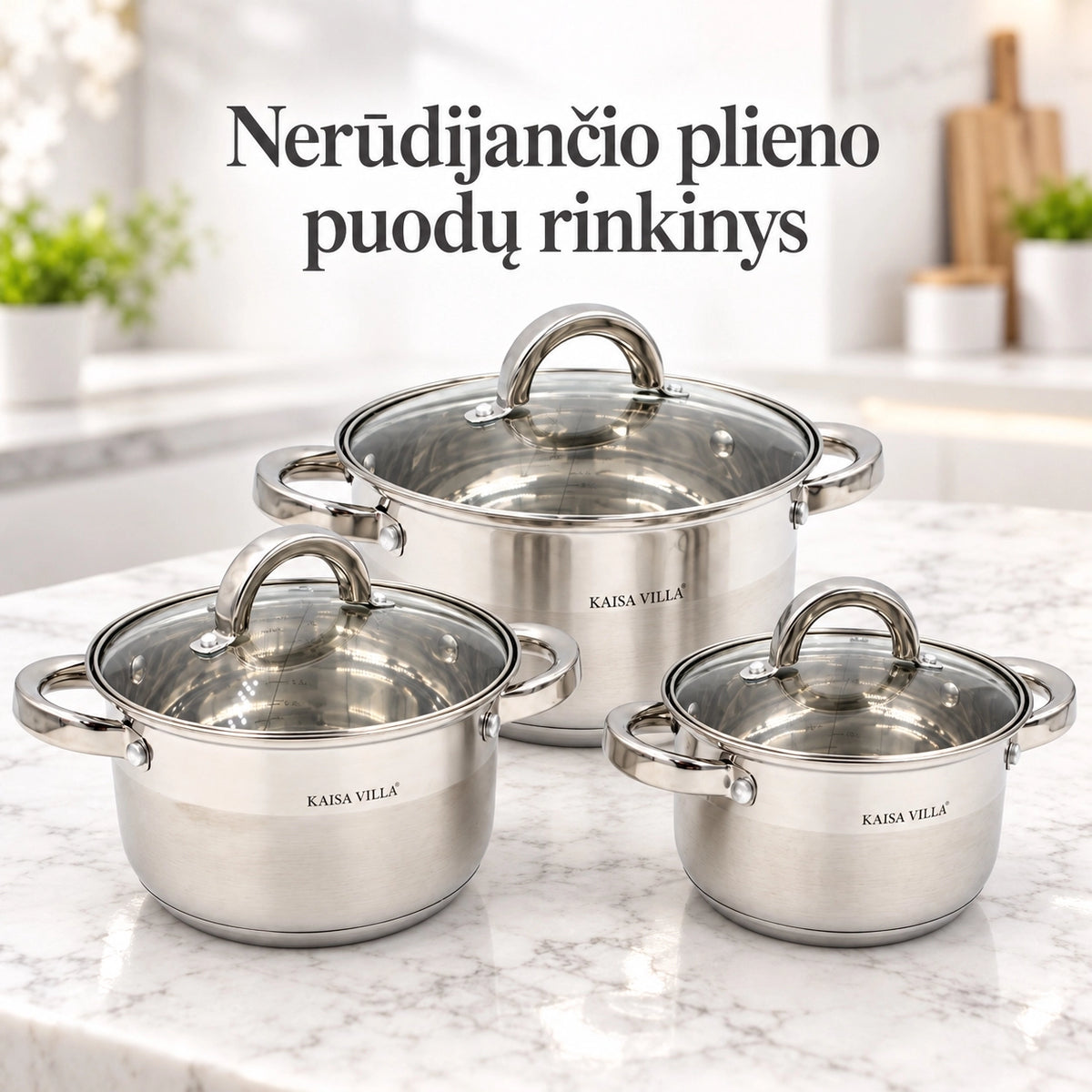3 puodų rinkinys su dangčiais