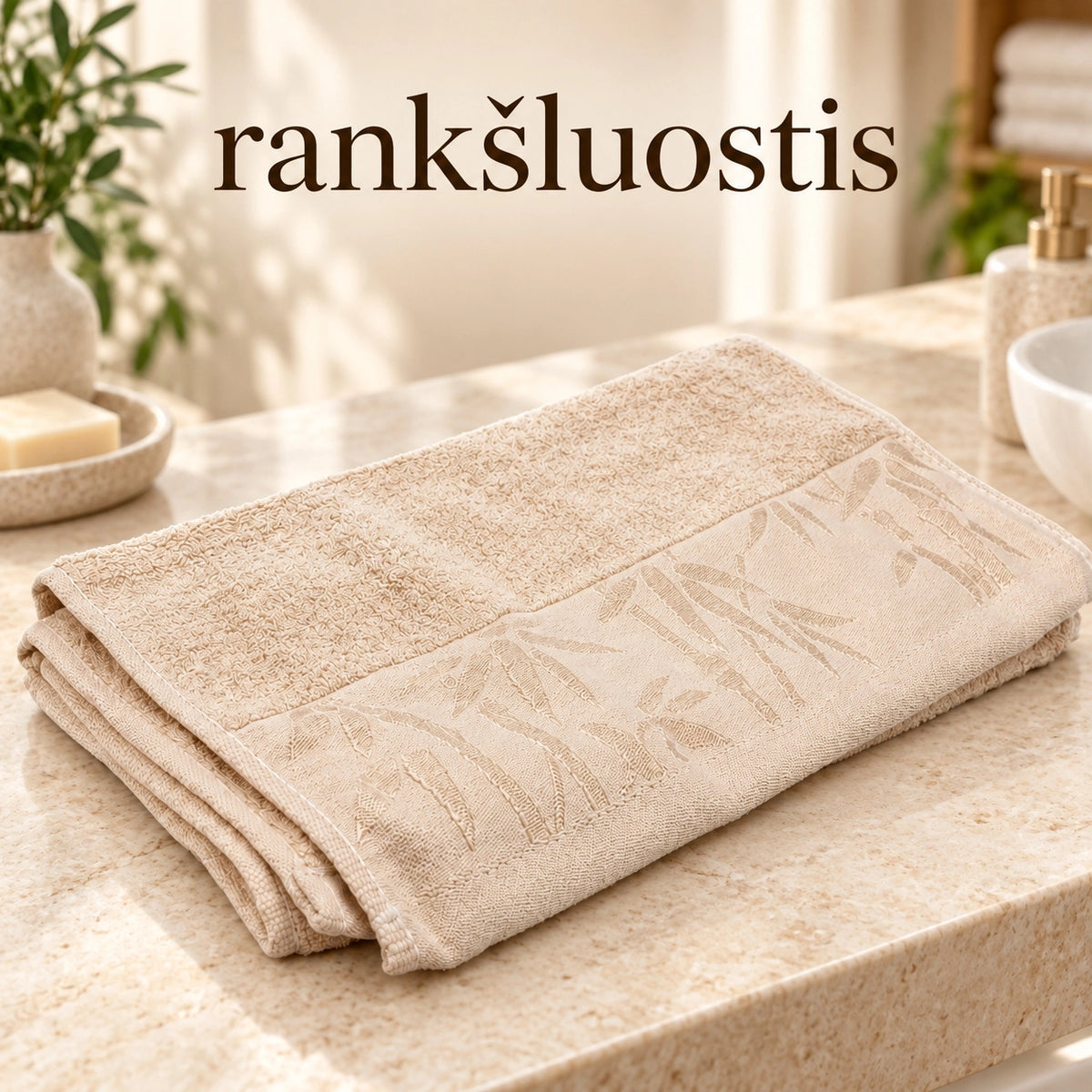 34 × 74 cm smėlio spalvos bambuko pluošto ir medvilnės rankšluostis su dekoratyviniu bambukų raštu