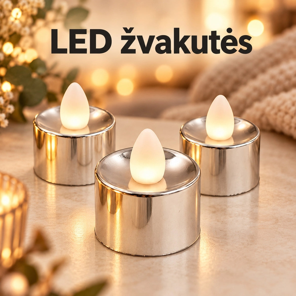 Dekoratyvinė LED žvakutė, sidabrinės spalvos, 3,5 × 3,5 cm