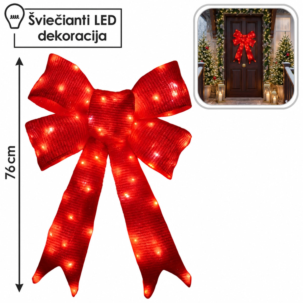 Kalėdinė 3D LED dekoracija – raudonas kaspinas, 76 cm, 112 LED