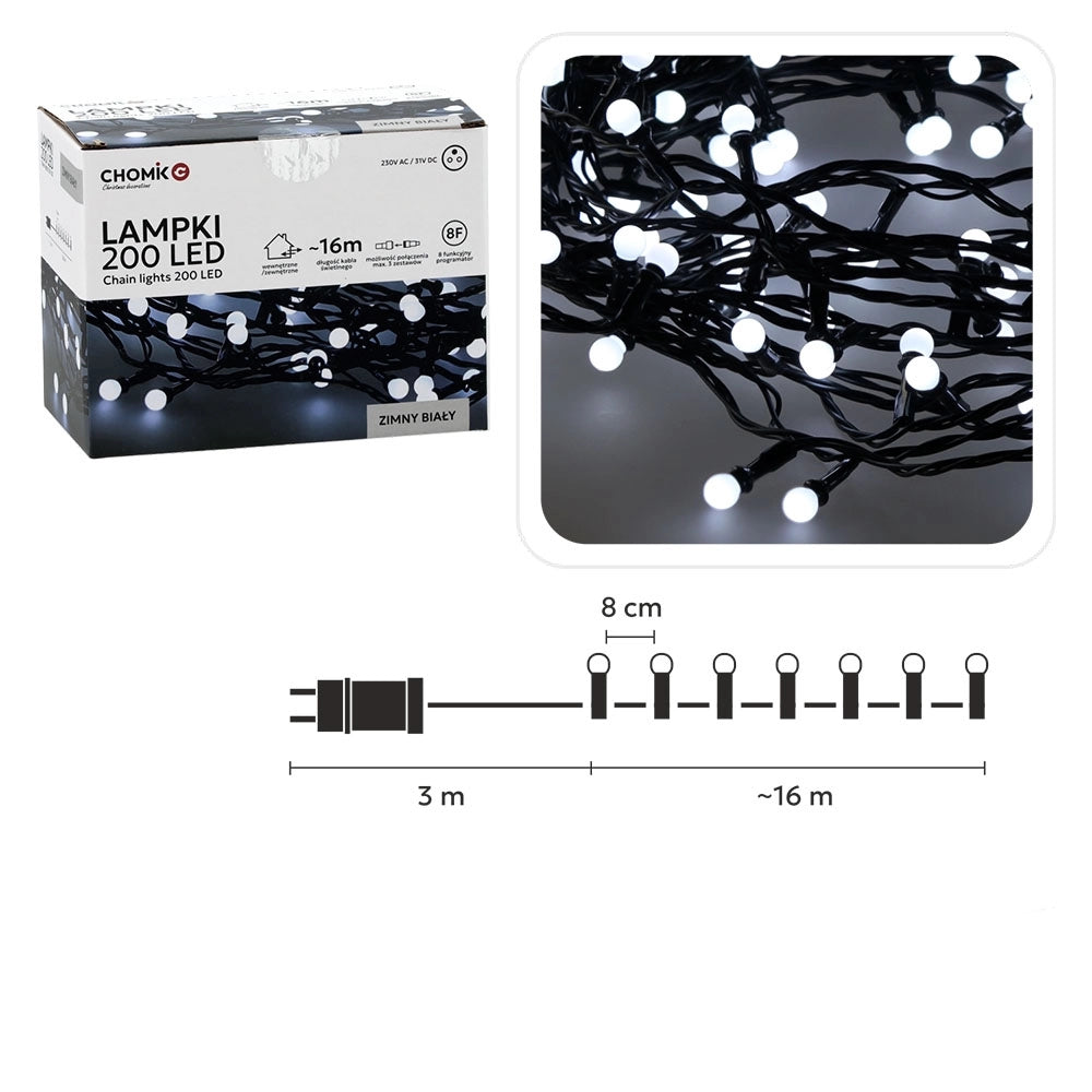 LED girlianda „Ball Lights“ 200 LED, šaltai balta, 16 m