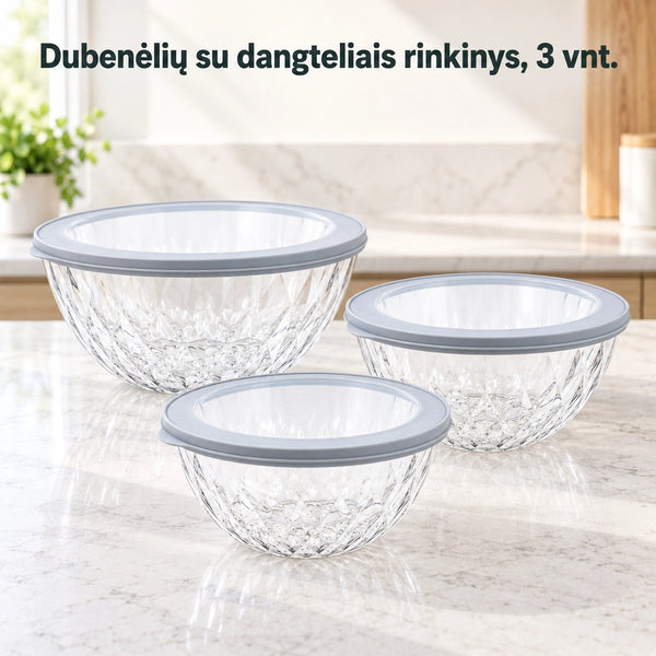 Plastikinių maisto laikymo indelių rinkinys su dangteliais 3 vnt.