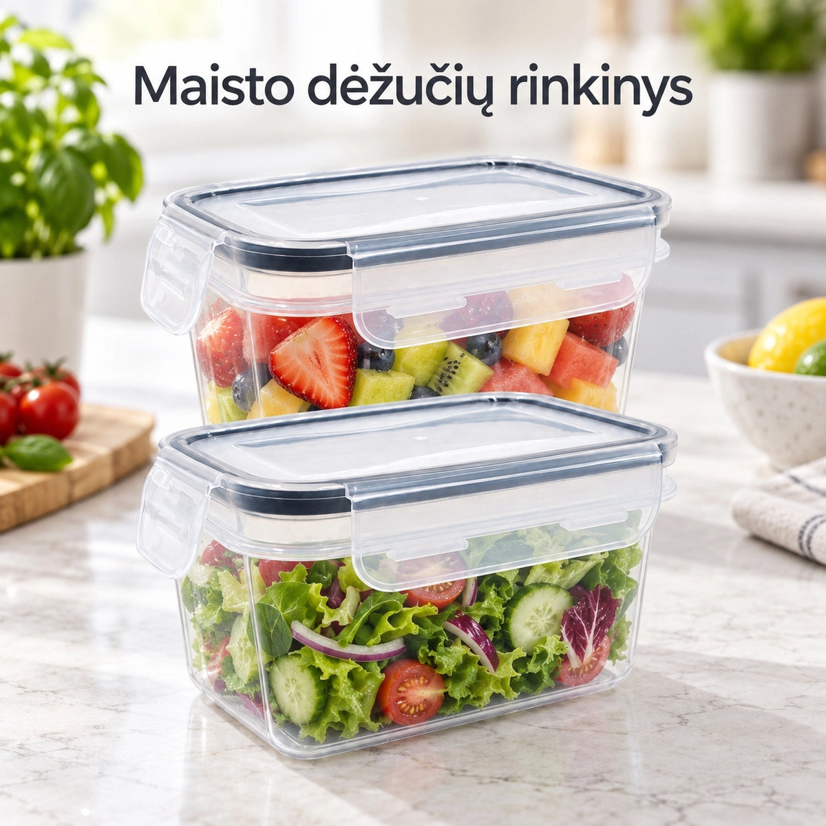 Plastikinių maisto laikymo indų rinkinys su dangčiais (2 vnt.)