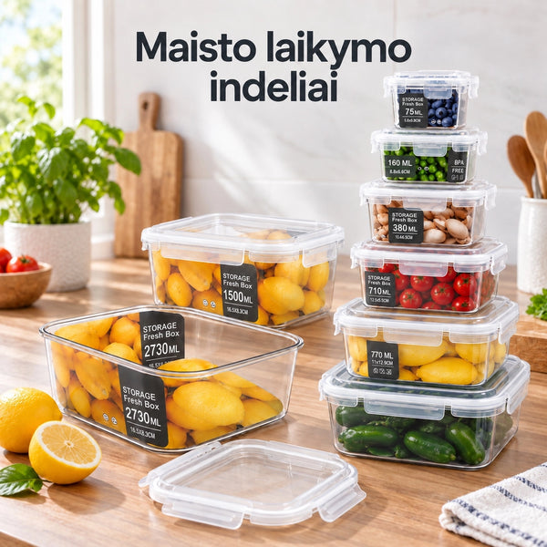 Plastikinių maisto laikymo indų rinkinys su dangčiais (6 vnt.)
