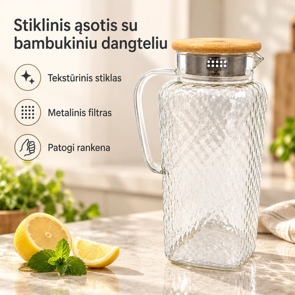 Stiklinis ąsotis su bambukiniu dangteliu 1800 ml
