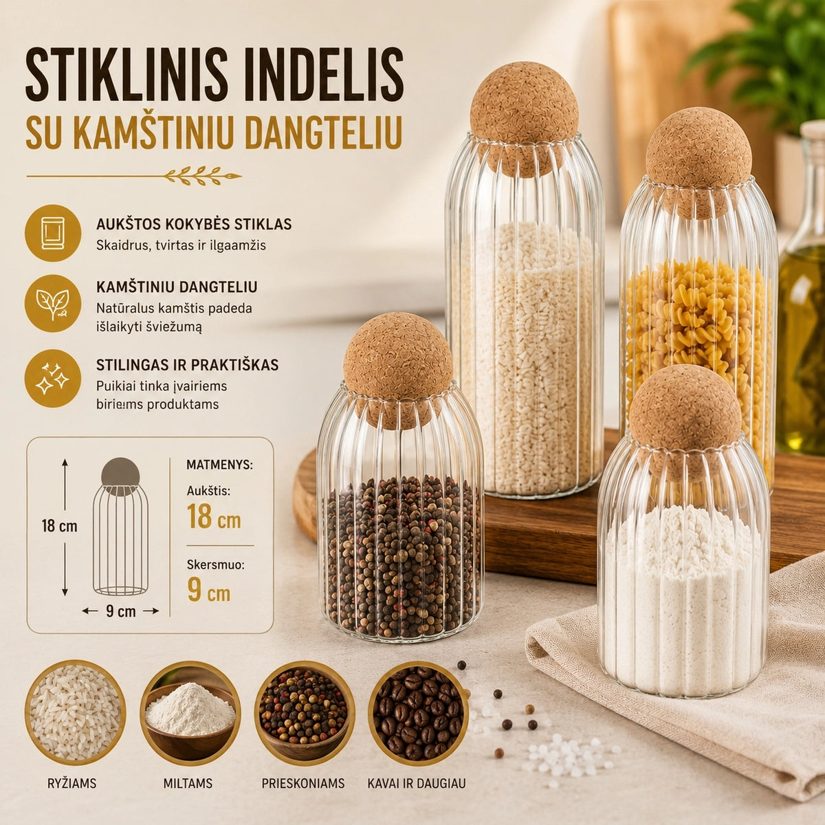 Stiklinis maisto saugojimo indas 18 CM