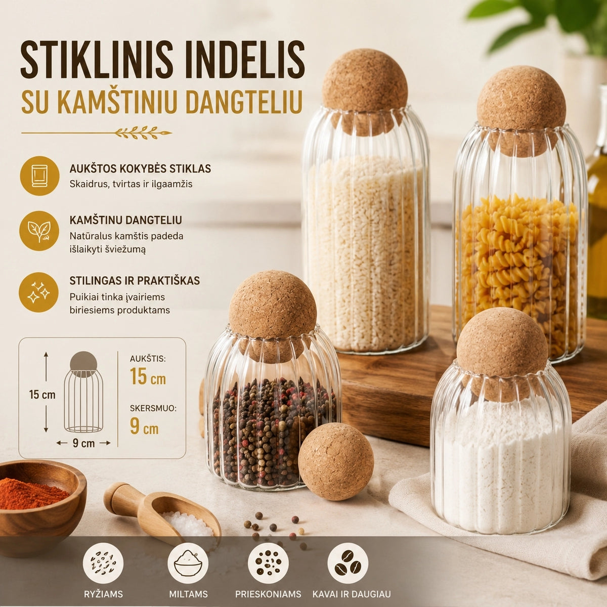 Stiklinis maisto saugojimo indas 15 CM