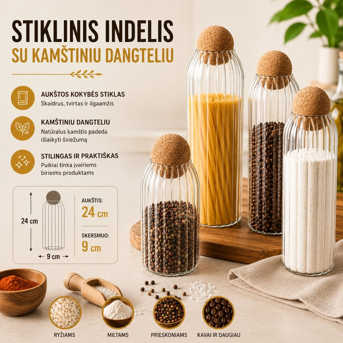 Stiklinis maisto saugojimo indas 24 CM