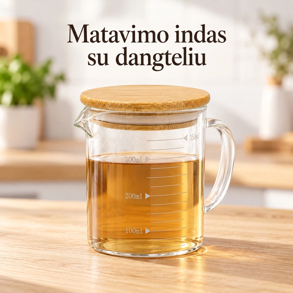 Stiklinis puodelis su bambukiniu dangteliu ir matavimo skale 250 ml