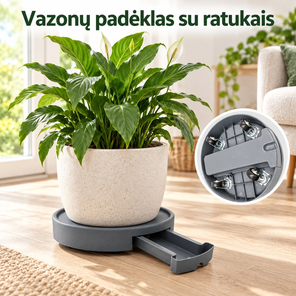 Vazono padėkliukas su ratukais 28 × 6 cm